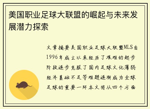 美国职业足球大联盟的崛起与未来发展潜力探索 美国职业足球大联盟的崛起与未来发展潜力探索
